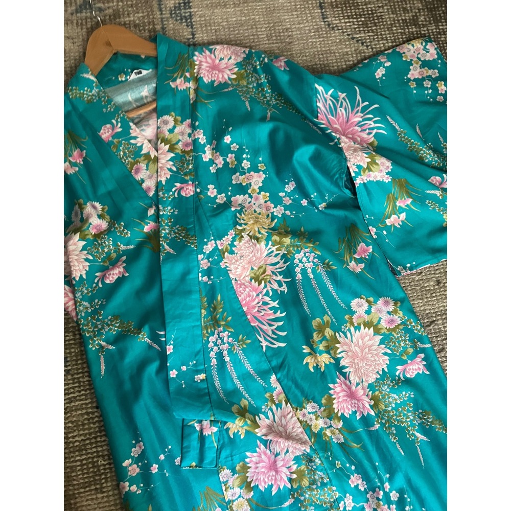 Vintage Japanese Cotton Kimono Robe Teal Pink Floral Chrysanthemum Yukata Japan - Picture 9 of 9